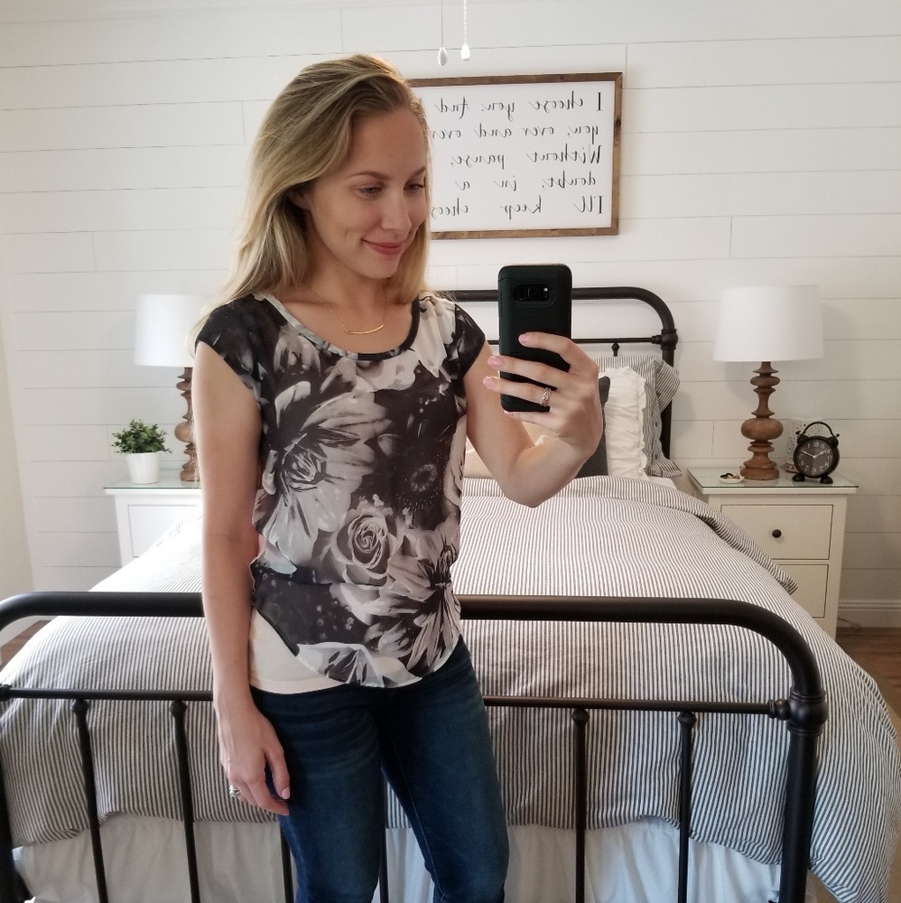 American Eagle Black and Light Pink Floral Blouse